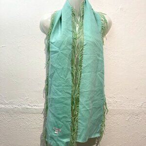 Castlering Unisex 100% Cashmere Fringe Scarf Reversible Green Blue 68" x 8"
